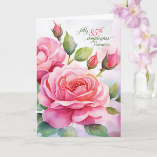 Spanische 85. Geburtstagsfeier mit rosa Rosen und Karte