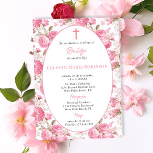 Spanische alte rosa Rosen Blumen Taufkleid Einladung