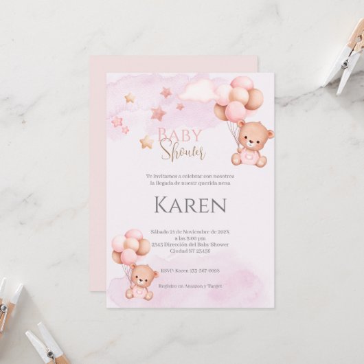 Spanische Babydusche Einladung Pink Bear Girl (Vorderseite/Rückseite Beispiel)