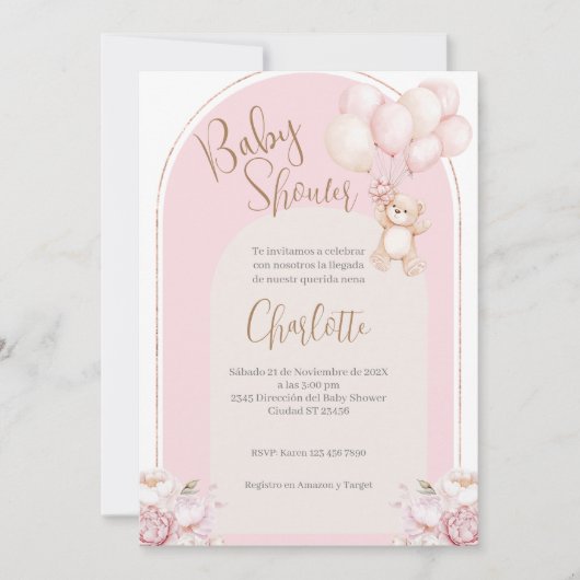 Spanische Babydusche Einladung Pink Bear Girl (Vorderseite)
