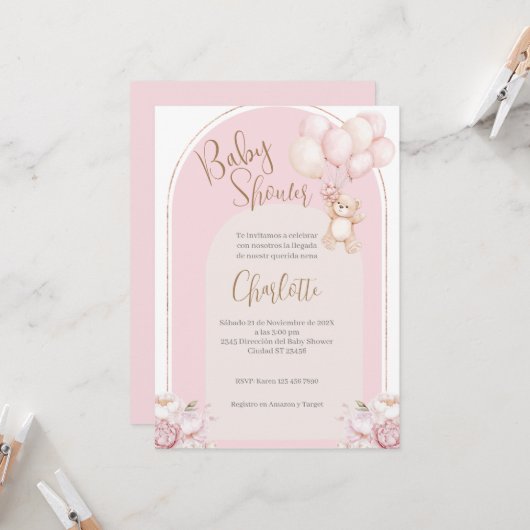 Spanische Babydusche Einladung Pink Bear Girl (Vorderseite/Rückseite Beispiel)