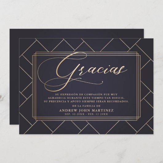 Spanische Beerdigung von Soft Black & Gold Calligr Dankeskarte (Vorne/Hinten)