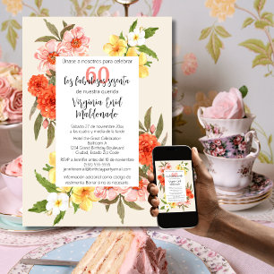 Spanische bunte Blumenmotive Weißer Rahmen 60. Geb Einladung