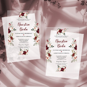 Spanische Burgunder-Rosa-Blumen Nuestra Boda Acryleinladungen