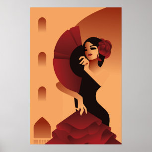 Spanische Dame mit Fan und Rose im Haar Poster
