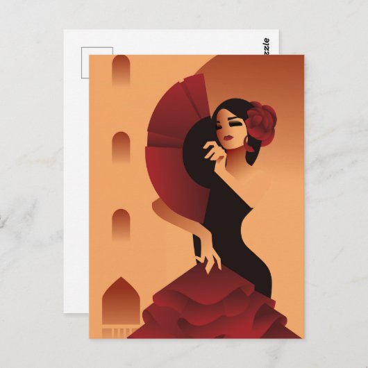 Spanische Dame mit Fan und Rose im Haar Postkarte (Vorne/Hinten)