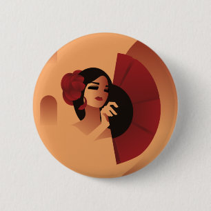 Spanische Dame mit Fan und rote Rose im Haar Button