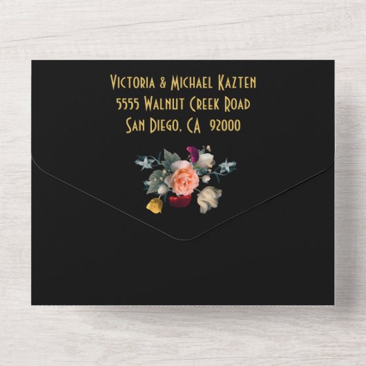 Spanische Dark & Moody Wedding Initialen All In One Einladung (Rückseite)