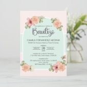 Spanische Einladung Bautizo Rosa Blume Taufe (Stehend Vorderseite)