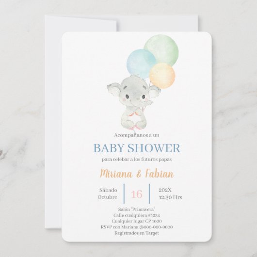 Spanische Elephant Baby Dusche Einladung (Vorderseite)