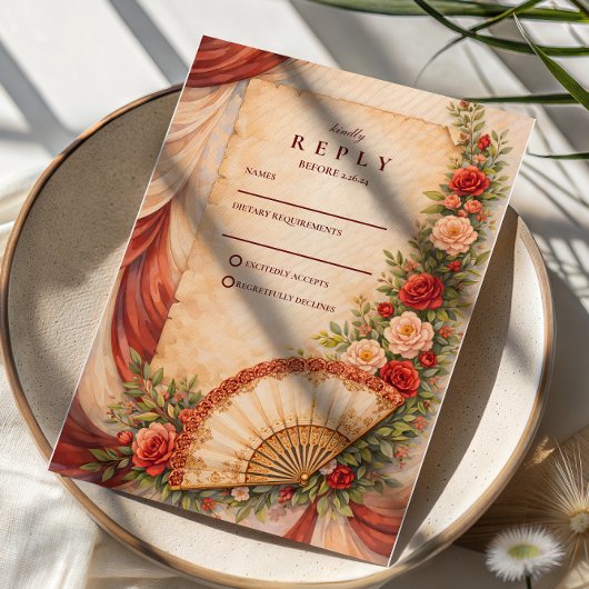 Spanische Fan-Romance-Hochzeit RSVP Karte