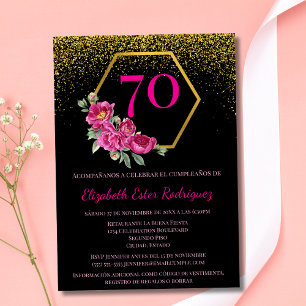 Spanische Fancy Black Gold & Pink 70. Geburtstag Einladung