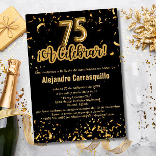 Spanische Fancy Schwarz & Gold Konfetti 75. Geburt Einladung