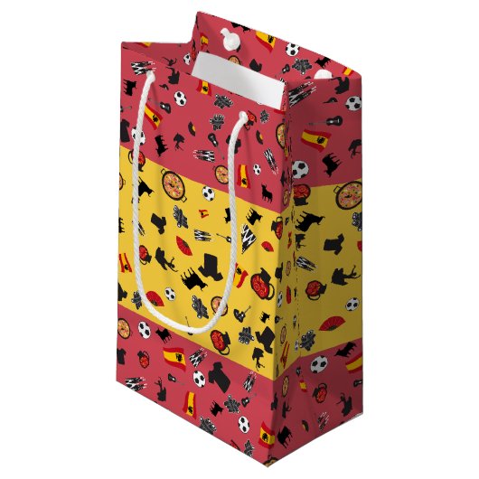 Spanische Flagge mit Gegenständen Spaniens Kleine Geschenktüte (Vorderseite Schrägansicht)