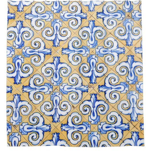 Spanische Fliesen - Azulejo Blau, Gelb und Weiß Duschvorhang (Vorderseite)