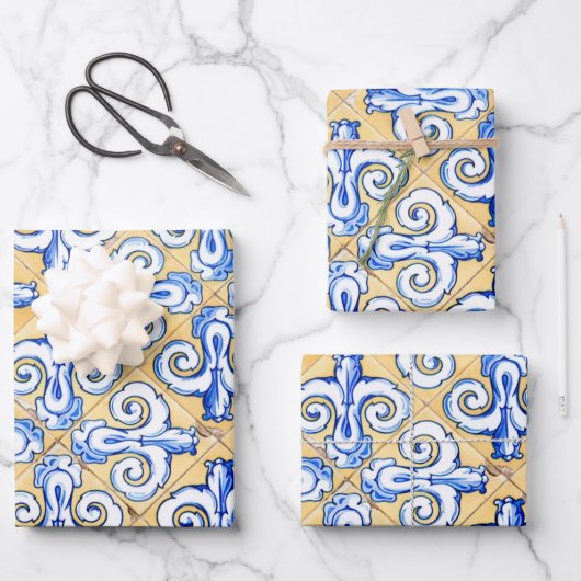 Spanische Fliesen - Azulejo Blau, Gelb und Weiß Geschenkpapier Set (Vorderseite)