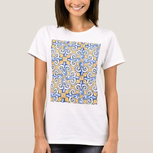 Spanische Fliesen - Azulejo Blau, Gelb und Weiß T-Shirt (Vorderseite)