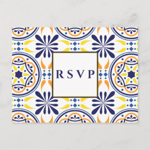 Spanische Fliesen Gelb-Navy-Hochzeit RSVP-Essen-A Einladungspostkarte