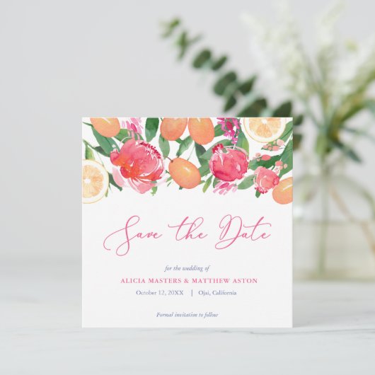 Spanische Fliesen Lebendige Citrus Pink Orange Flo Save The Date (Stehend Vorderseite)