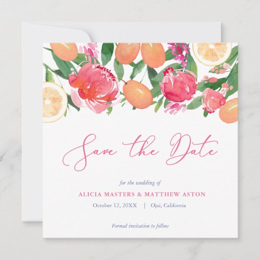 Spanische Fliesen Lebendige Citrus Pink Orange Flo Save The Date (Vorderseite)