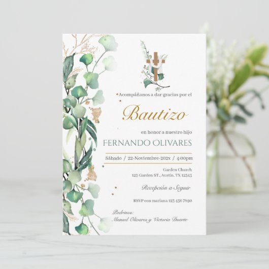 Spanische Grüne Blumentaufe Einladung (Stehend Vorderseite)