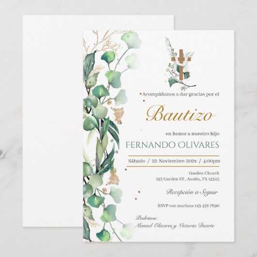 Spanische Grüne Blumentaufe Einladung (Vorne/Hinten)