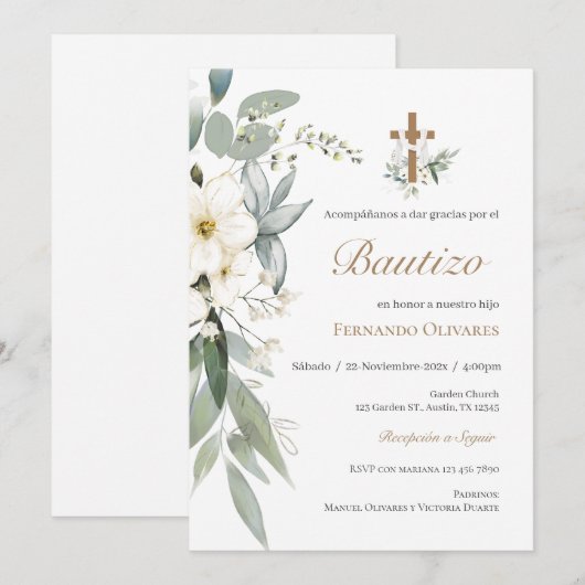 Spanische Grüne Blumentaufe Einladung (Vorne/Hinten)