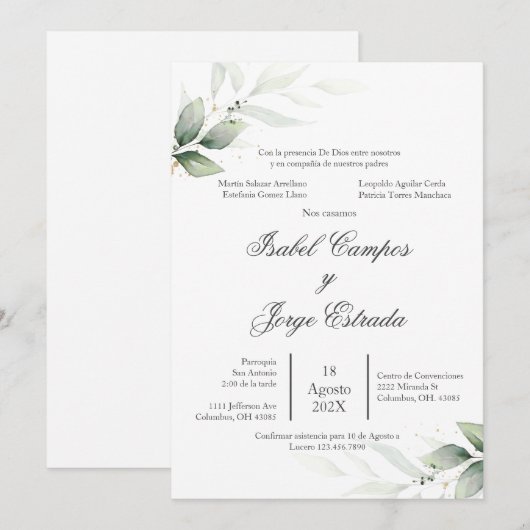 Spanische Grüne Einladung zur Hochzeit (Vorne/Hinten)