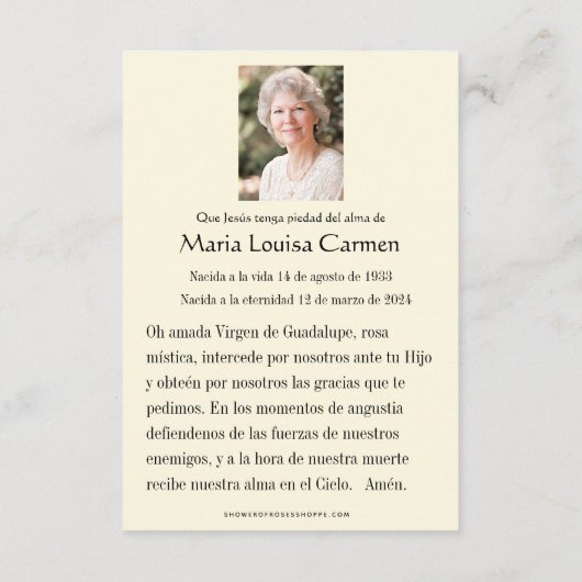 Spanische Guadalupe Foto Beerdigung Gebete Heilige Ankündigung (Rückseite)