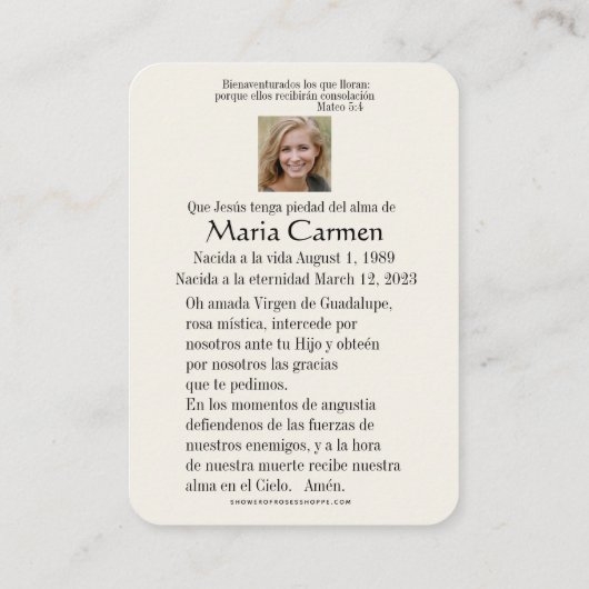 Spanische Guadalupe Mary Beerdigung Gebete Heilige Platzkarte (Rückseite)