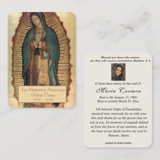 Spanische Guadalupe Mary Beerdigung Gebete Heilige Platzkarte (Vorne/Hinten)