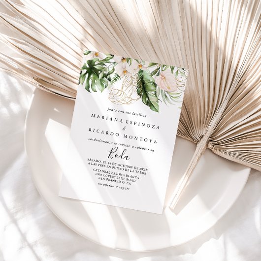 Spanische Hochzeit in Gold Tropical Foliage Einladung