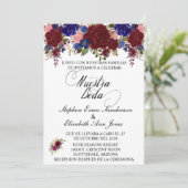 Spanische Hochzeit Rose Burgund Navy Nuestra Boda Einladung (Stehend Vorderseite)