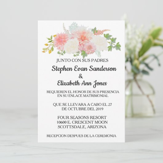 Spanische Hochzeit Rose Rosa Rosa Elfenbeinküste Einladung (Stehend Vorderseite)