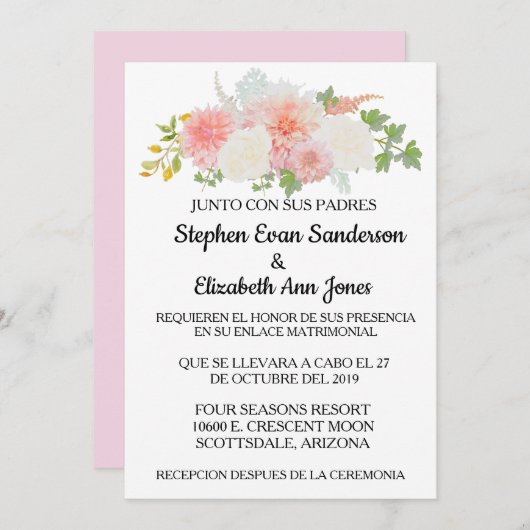 Spanische Hochzeit Rose Rosa Rosa Elfenbeinküste Einladung (Vorne/Hinten)