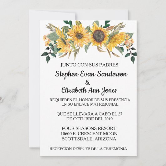 Spanische Hochzeit Sonnenblumen Einladung (Vorderseite)