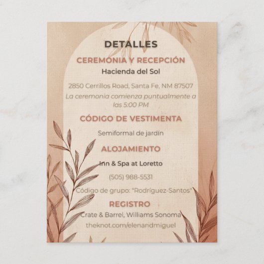 Spanische Hochzeitsdetails Karte Terrakotta-Bogen (Vorderseite)