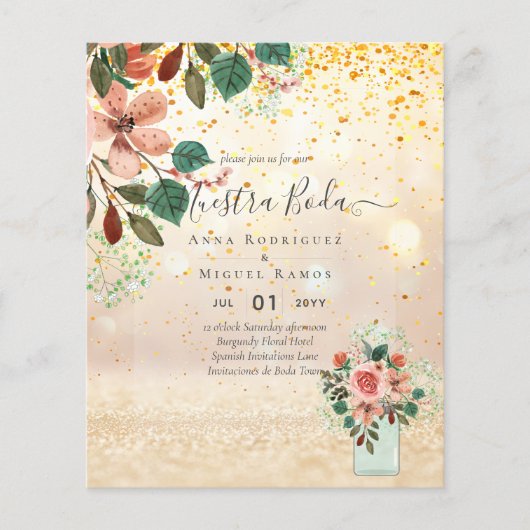 Spanische Hochzeitseinladungen Burgund Floral (Vorderseite)