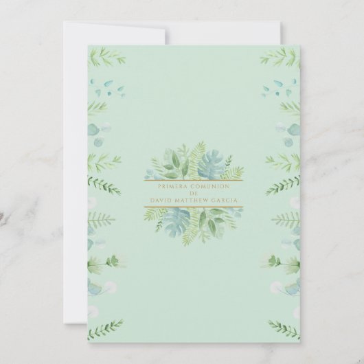 Spanische, Junge oder Girl Greenery Mint Erste Kom Einladung (Rückseite)