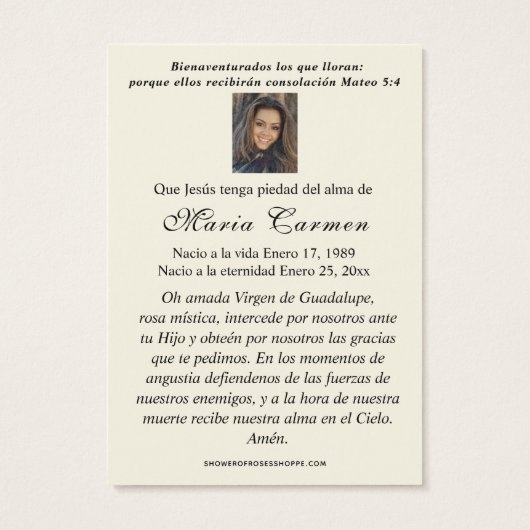 Spanische Jungfrau Mary Beerdigung Gedenkkarte (Rückseite)