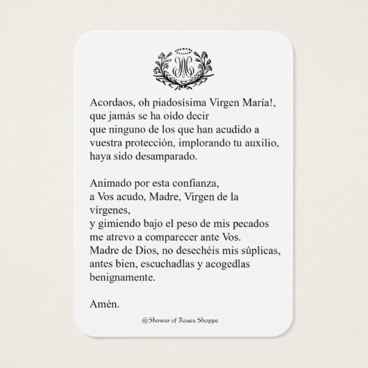 Spanische Jungfrau Mary Prayer Memorare Heilige Ka (Rückseite)