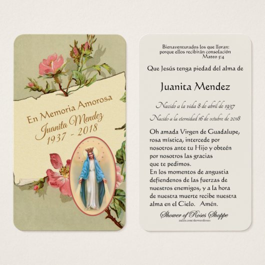 Spanische Jungfrau Mary Religious Prayer Card (Vorne & Hinten)