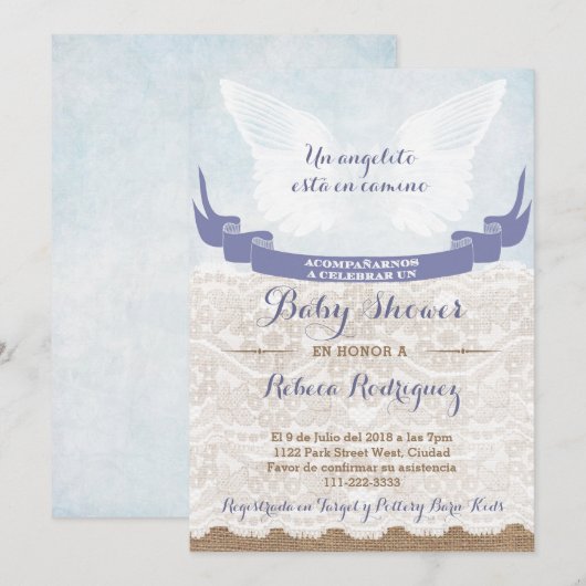 Spanische Kinderdusche Einladung mit Angel Wings (Vorne/Hinten)