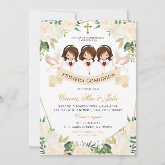 Spanische Mädchen Sibling Erste Heilige Kommune Einladung (Vorderseite)