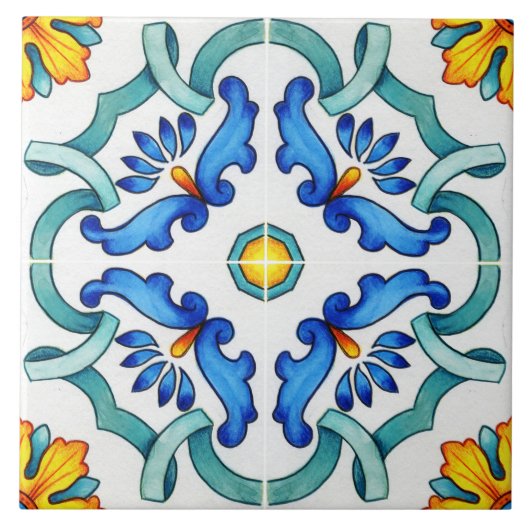 Spanische Majolika Blaue Blumenmosaik Fliese (Vorderseite)