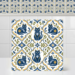 Spanische Majolika-Minimalist-Folk-Art-Katzenmuste Fliese