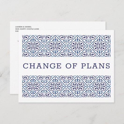 Spanische Marine Indigo Tile Änderung der Pläne WE Ankündigungspostkarte (Vorne/Hinten)