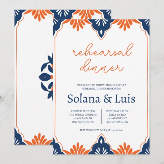 Spanische Marine & Orange Probe Dinner Einladung (Vorne/Hinten)