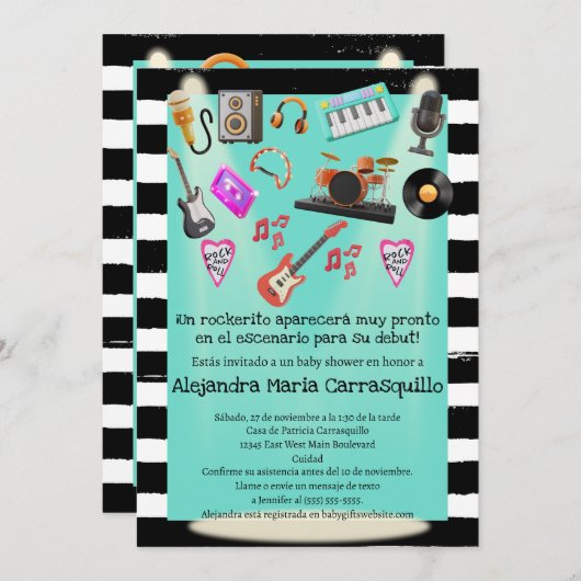 Spanische Rock'n'Roll Aquamarin Baby Boy Dusche Einladung (Vorne/Hinten)