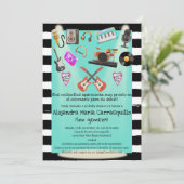 Spanische Rock'n'Roll Aquamarin Twins Baby Dusche Einladung (Stehend Vorderseite)